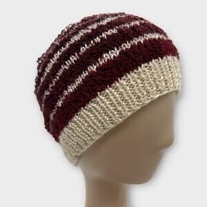 Knit Woven Wide Cream Burgundy Red Stripe Beanie Knit Hat Boho XS